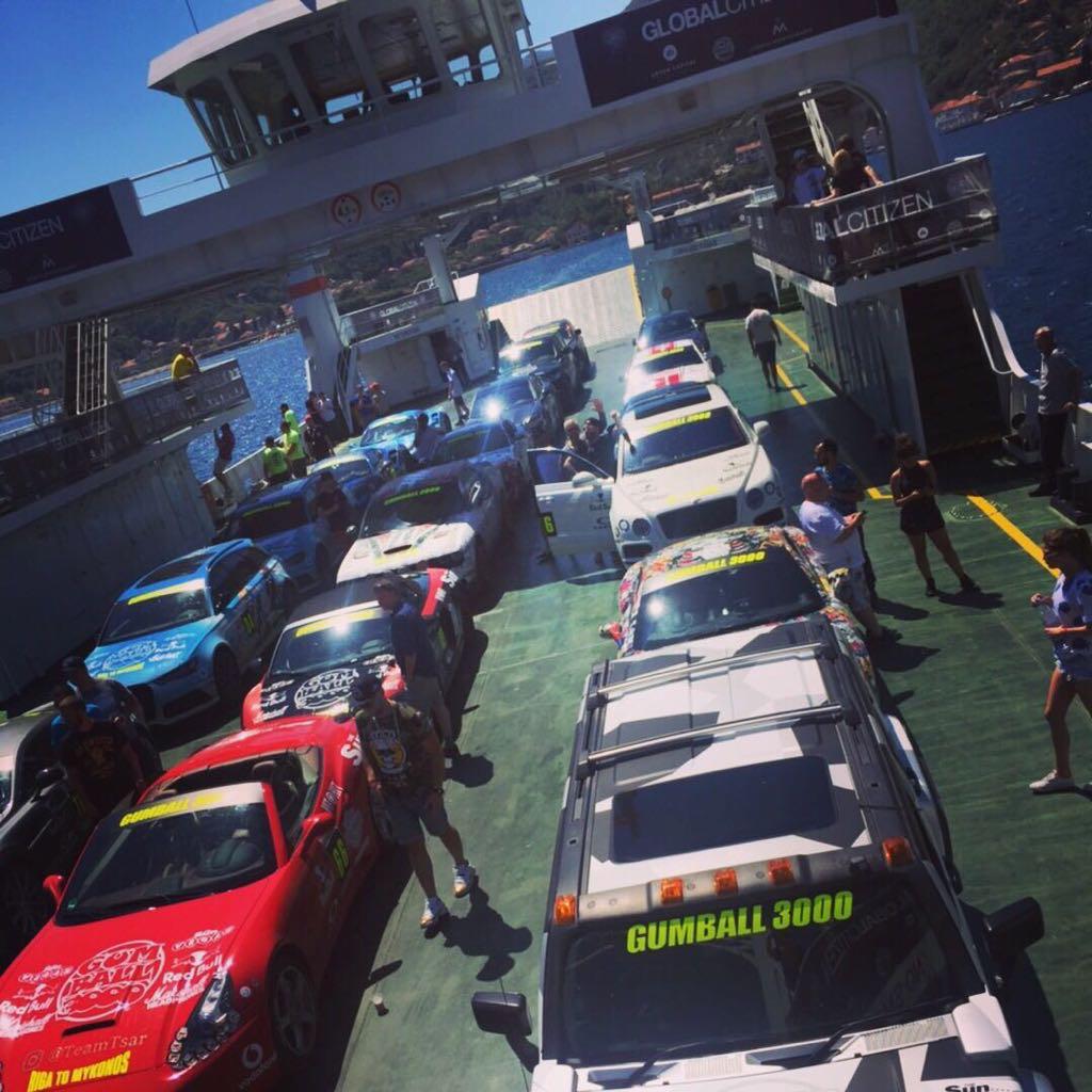 Gumball 3000 rally line-up featuring The Sun branding