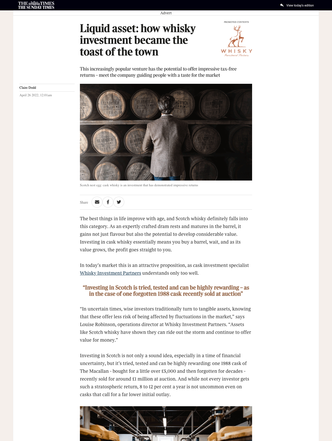The Times: 'Liquid asset: how whisky investment became the toast of the town' featuring Whisky Partners