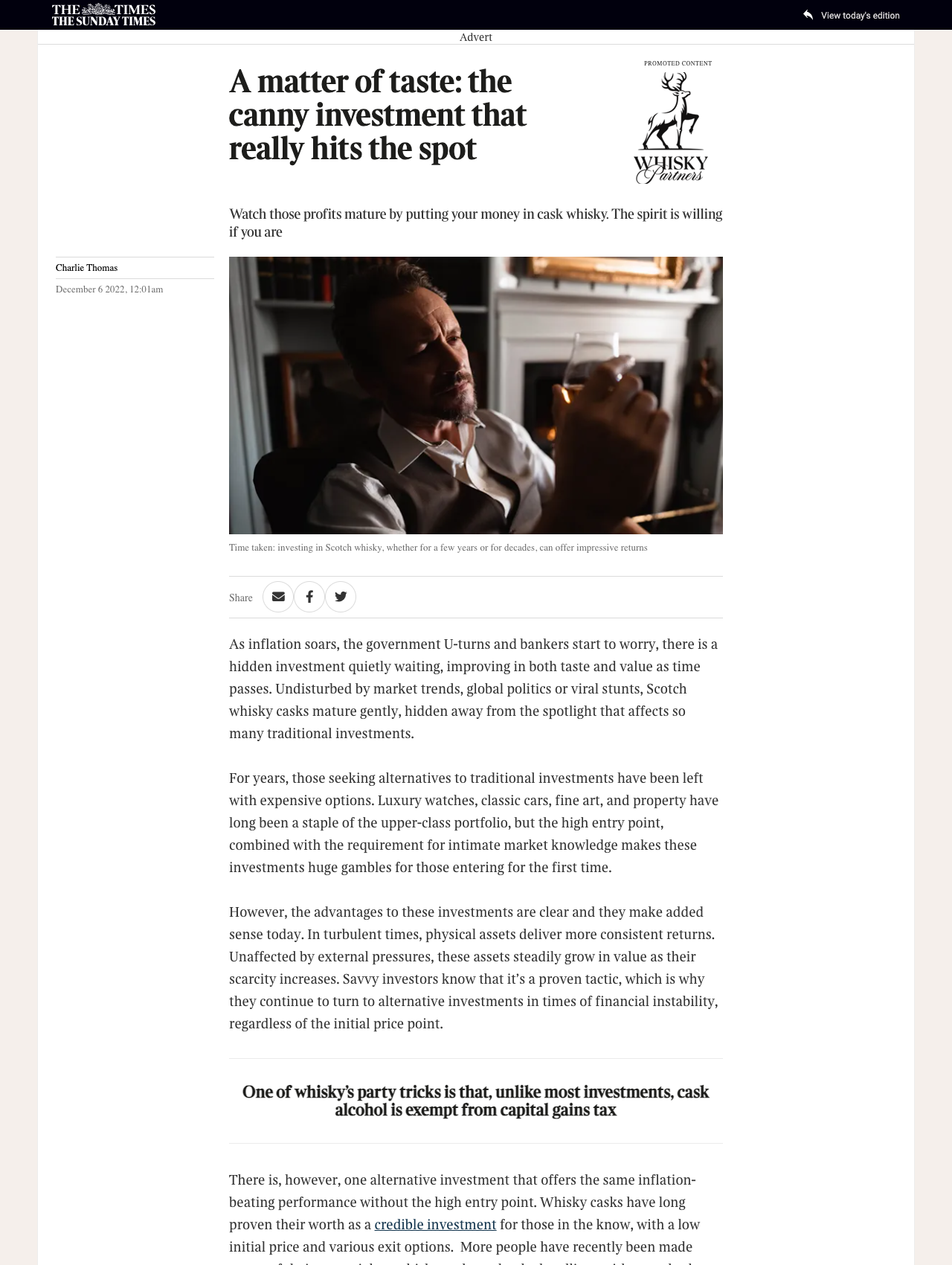 The Times: 'A matter of taste: the canny investment that really hits the spot' featuring Whisky Partners